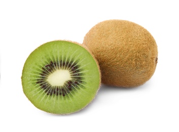 Cut and whole fresh kiwis on white background