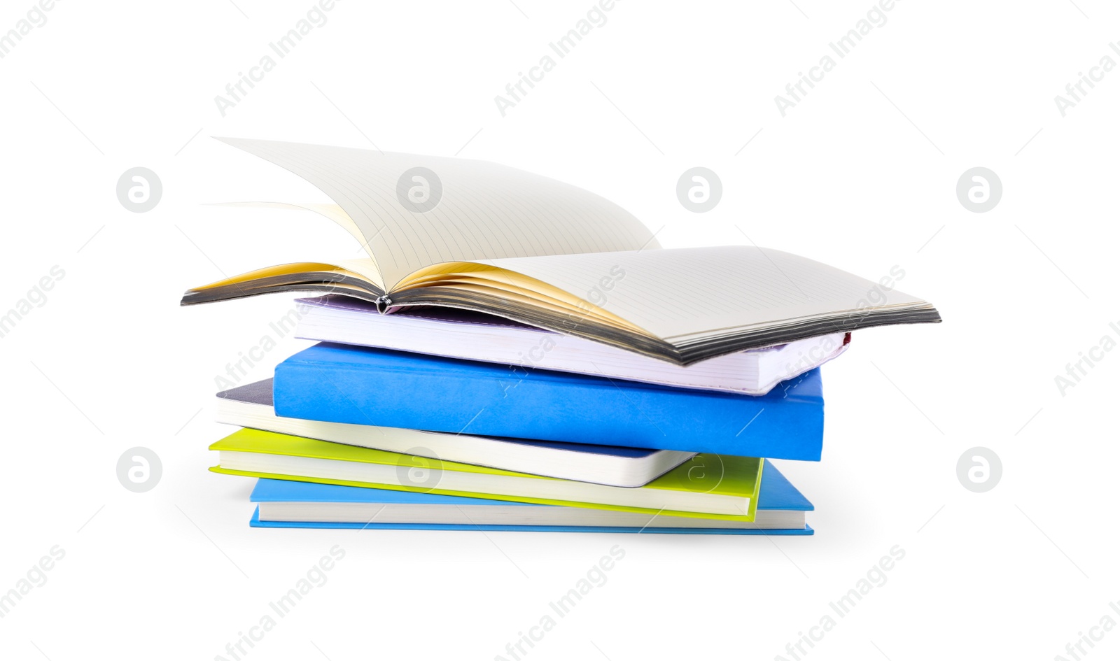 Photo of Stack of different notepads isolated on white