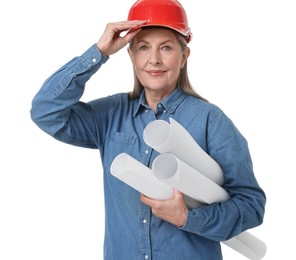 Photo of Architect in hard hat with drafts on white background