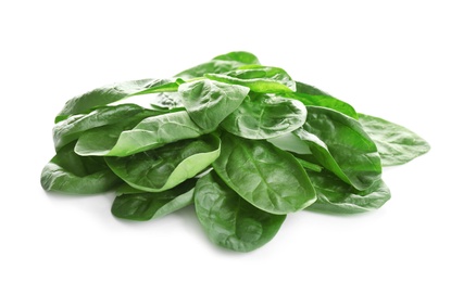 Photo of Heap of fresh green healthy baby spinach leaves isolated on white