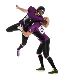 Men in uniform playing American football on white background