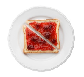 Photo of Cut toast with jam on plate, isolated on white