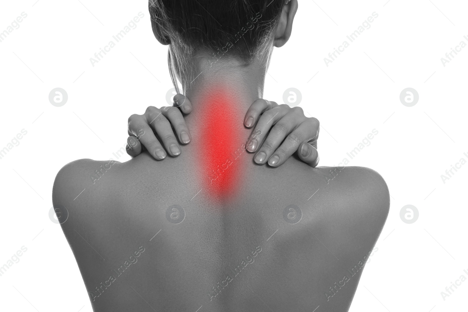 Image of Woman suffering from back pain on white background