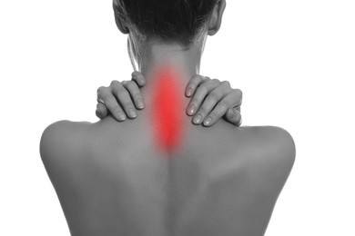 Image of Woman suffering from back pain on white background