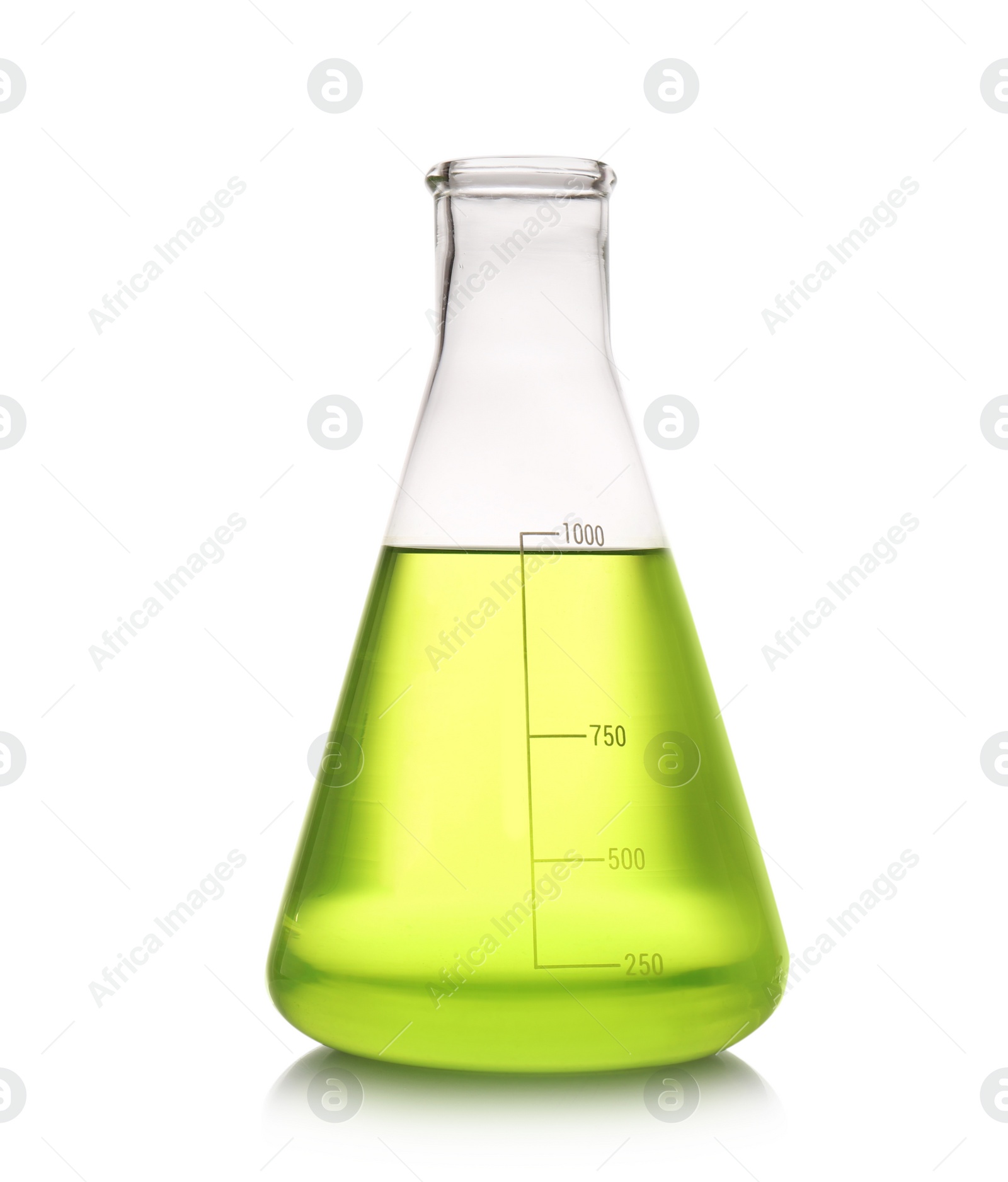 Photo of Erlenmeyer flask with color liquid isolated on white. Solution chemistry