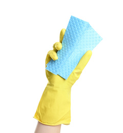 Photo of Person in rubber glove with rag on white background, closeup of hand