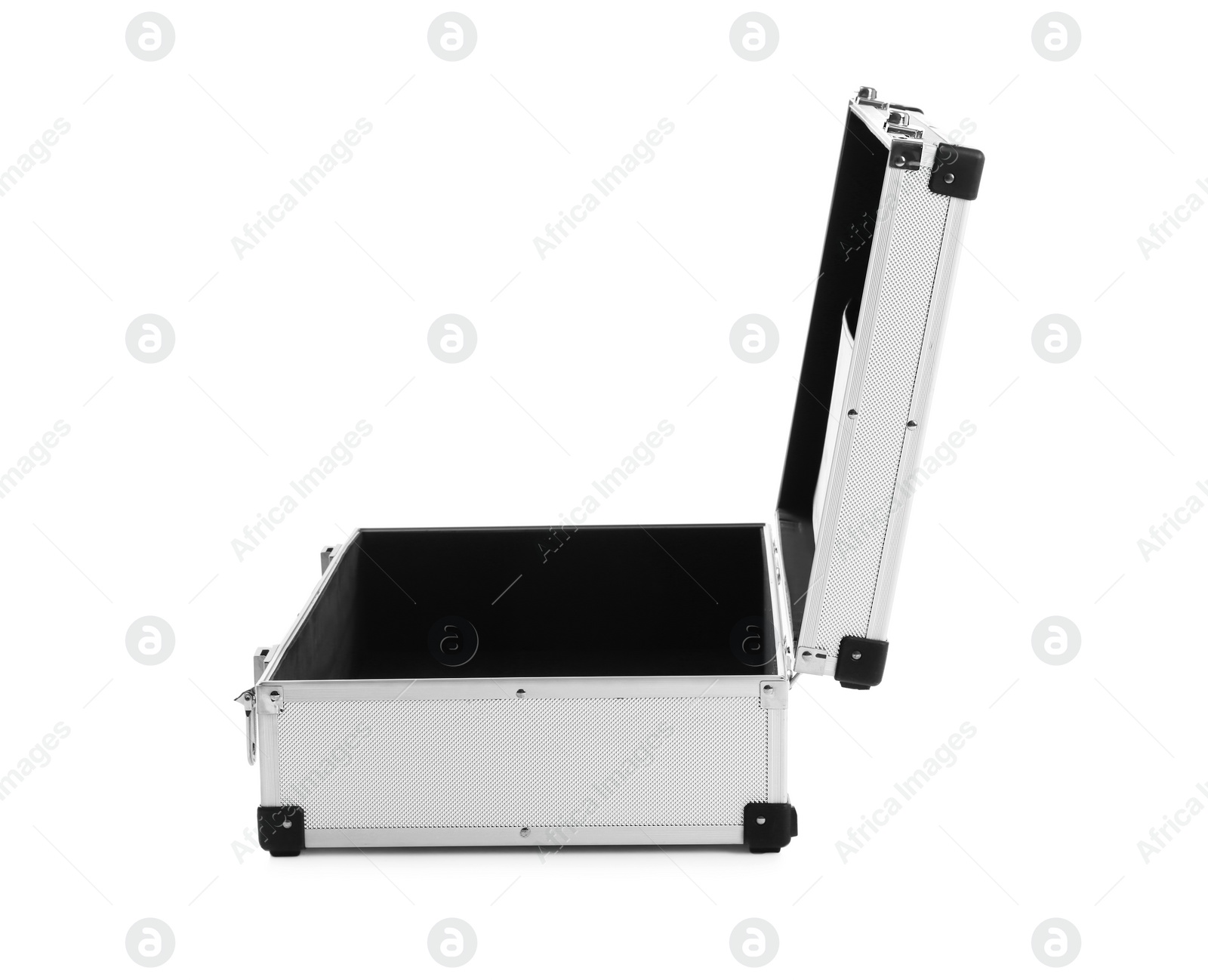 Photo of Open modern suitcase on white background