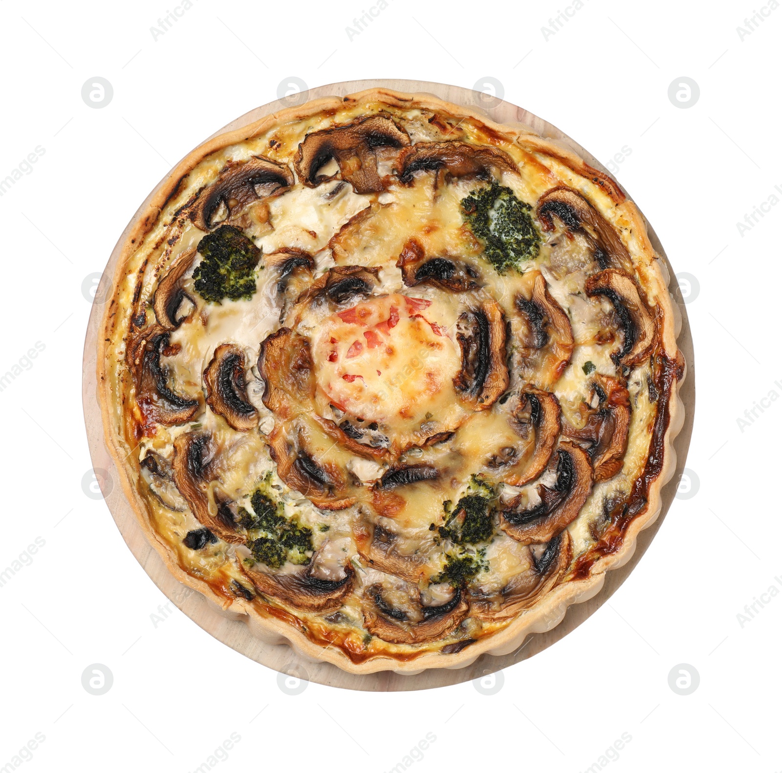 Photo of Delicious quiche with mushrooms isolated on white, top view