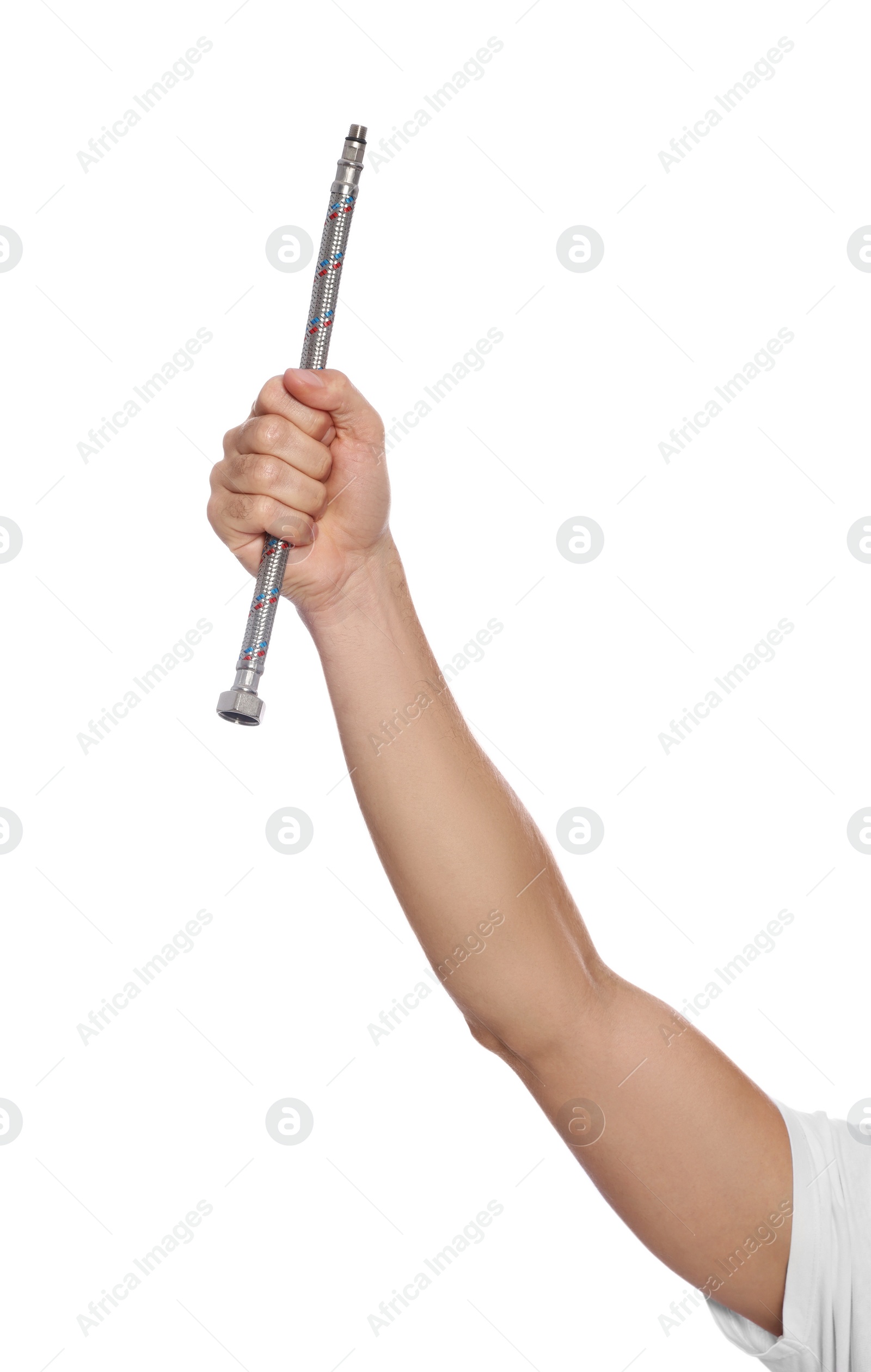 Photo of Male plumber holding flexible hose on white background, closeup