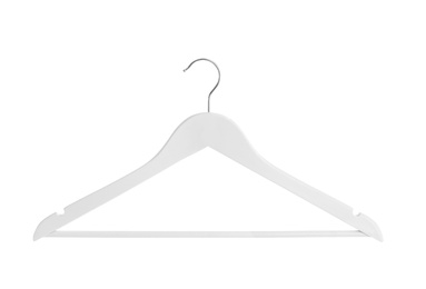 Photo of Empty hanger on white background. Wardrobe accessory