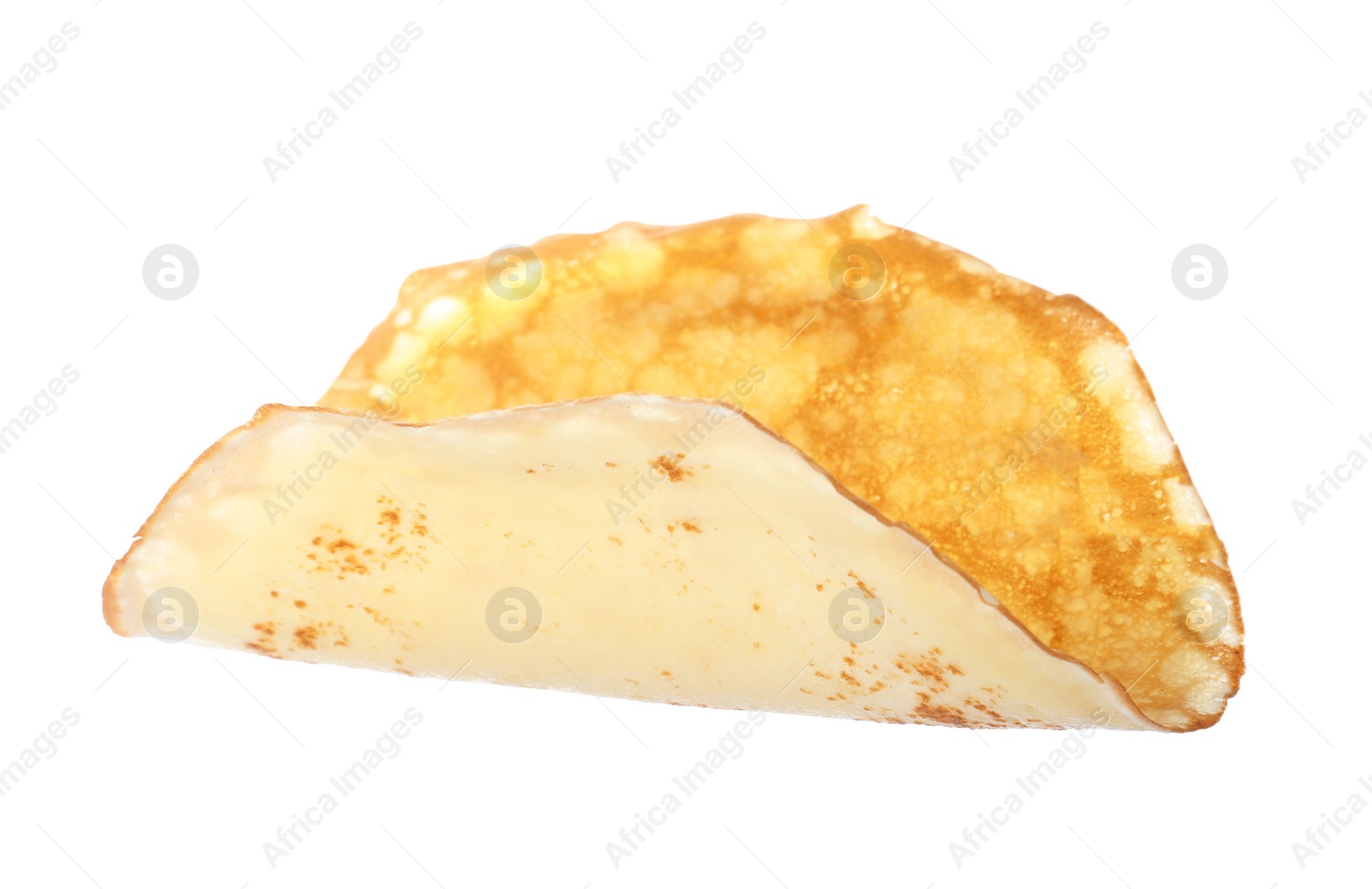 Photo of Hot tasty thin pancake on white background