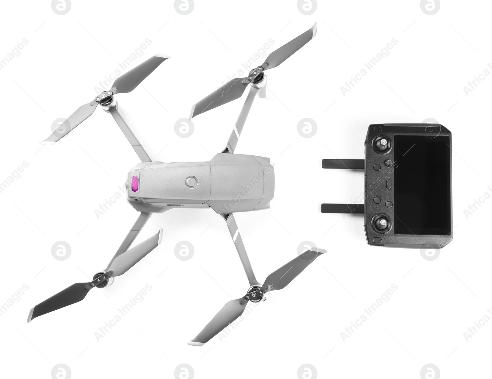 Photo of Modern drone with controller on white background, top view