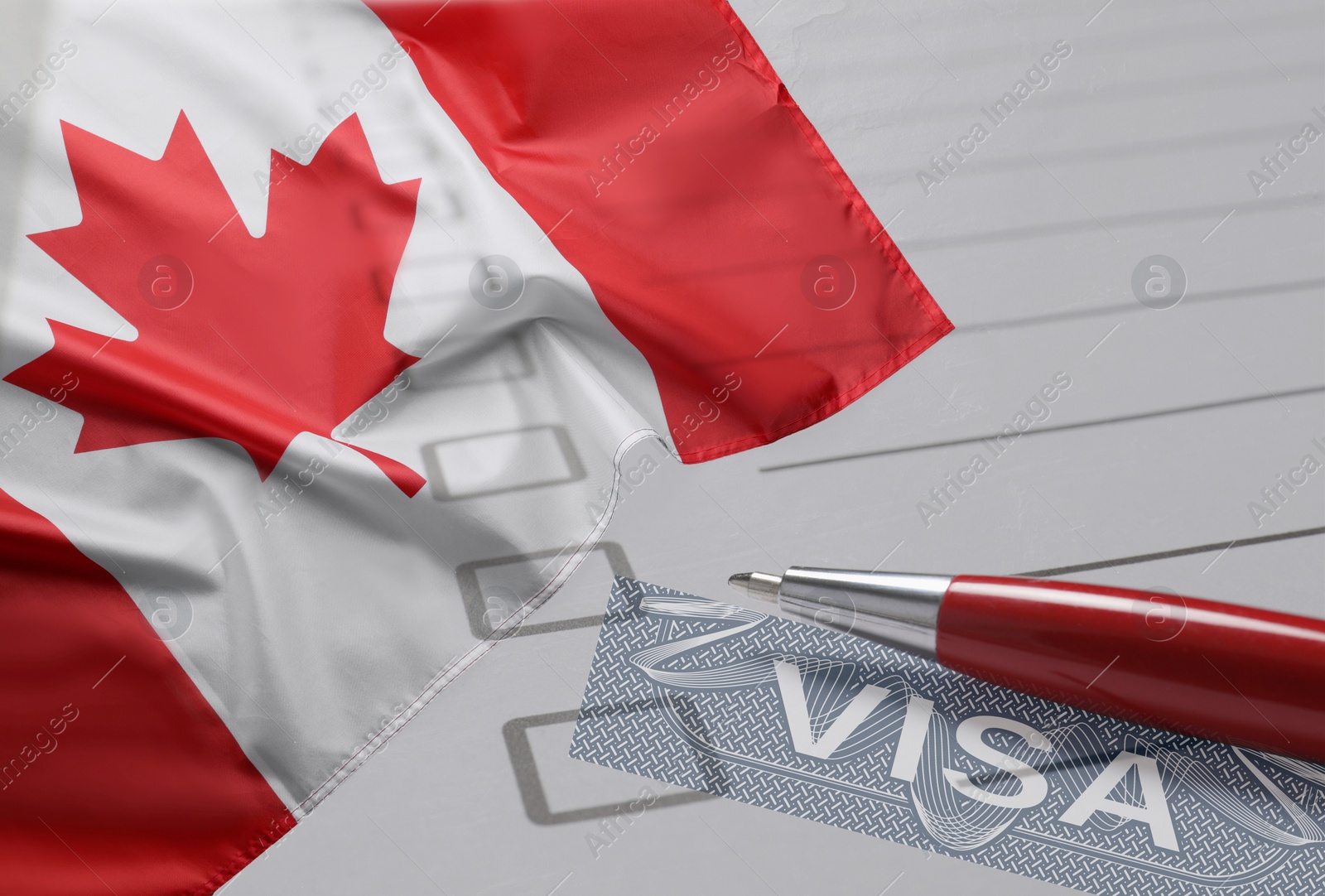 Image of Visa to Canada. Multiple exposure with national flag and pen, closeup