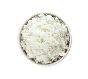 Photo of Bowl of boiled rice on white background, top view