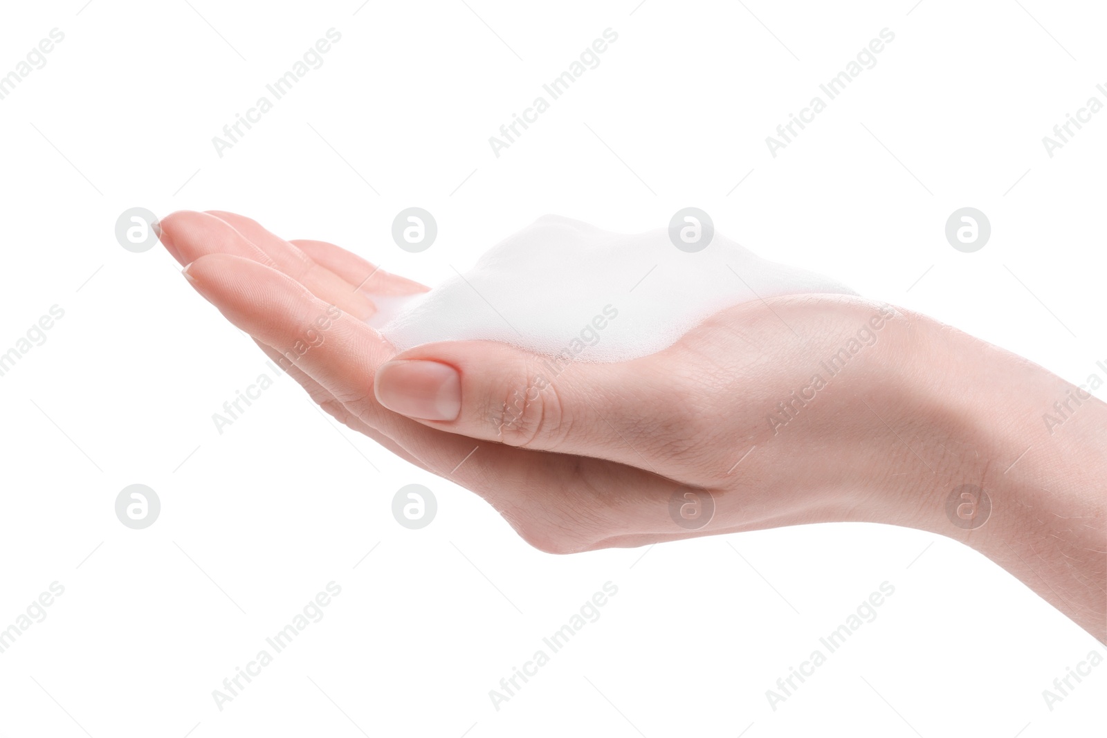 Photo of Woman with bath foam on white background, closeup