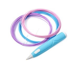 Stylish 3D pen and colorful plastic filaments on white background