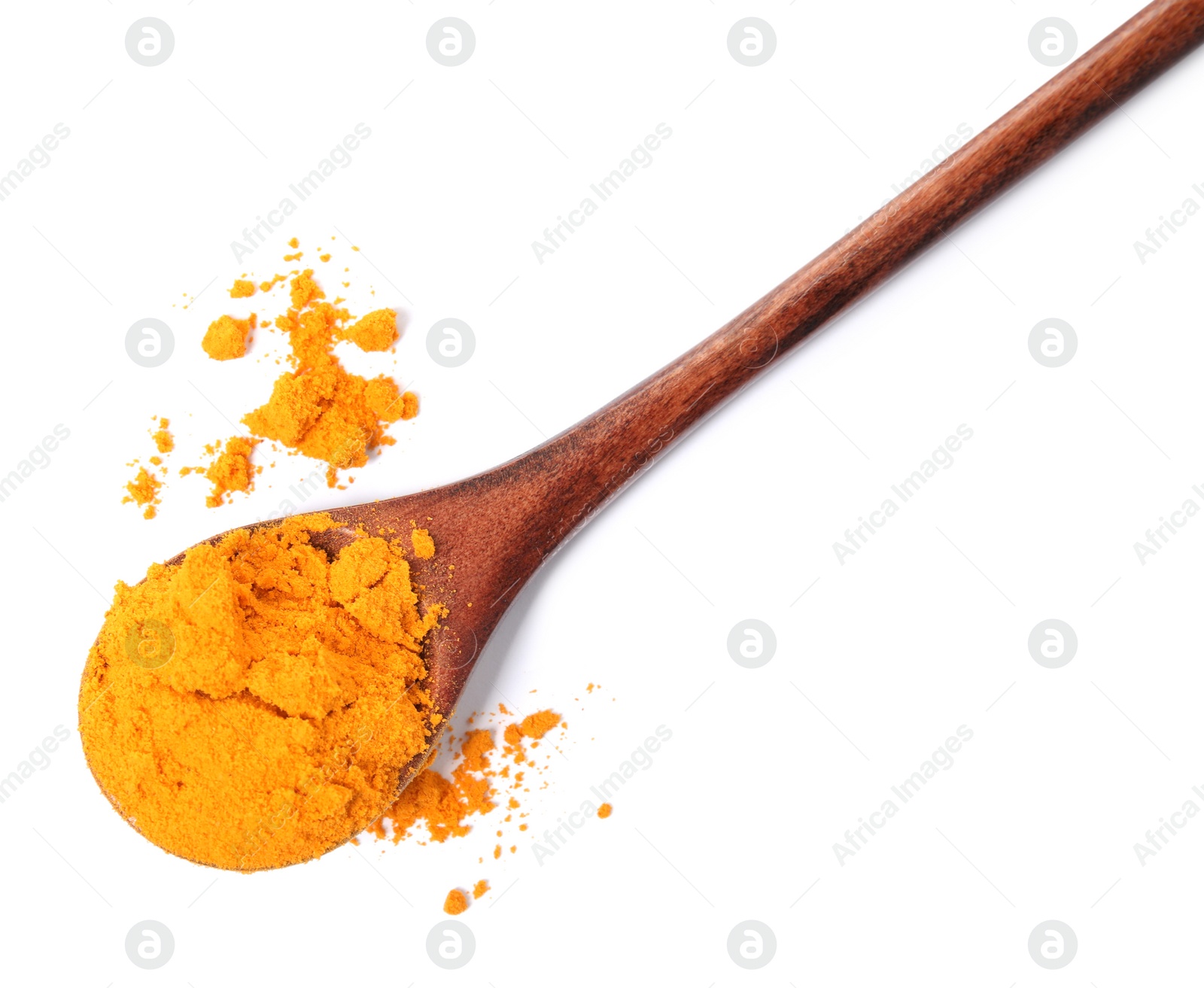 Photo of Wooden spoon with saffron powder on white background, top view