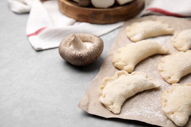 Raw dumplings (varenyky) with tasty filling on grey table, closeup and space for text. Traditional Ukrainian dish