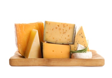 Wooden tray with different kinds of cheese and rosemary on white background