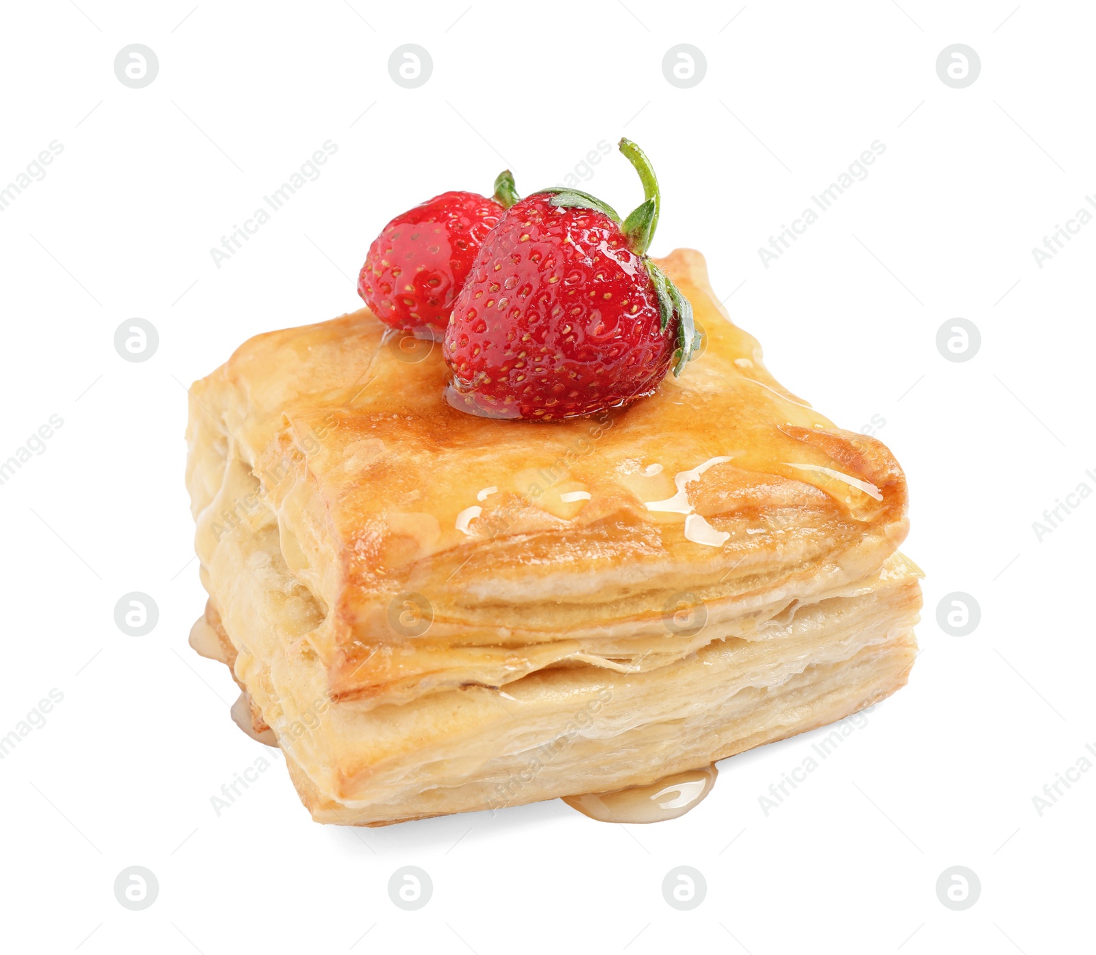 Photo of Fresh delicious puff pastry with sweet strawberries on white background