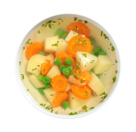 Bowl of fresh homemade vegetable soup on white background, top view