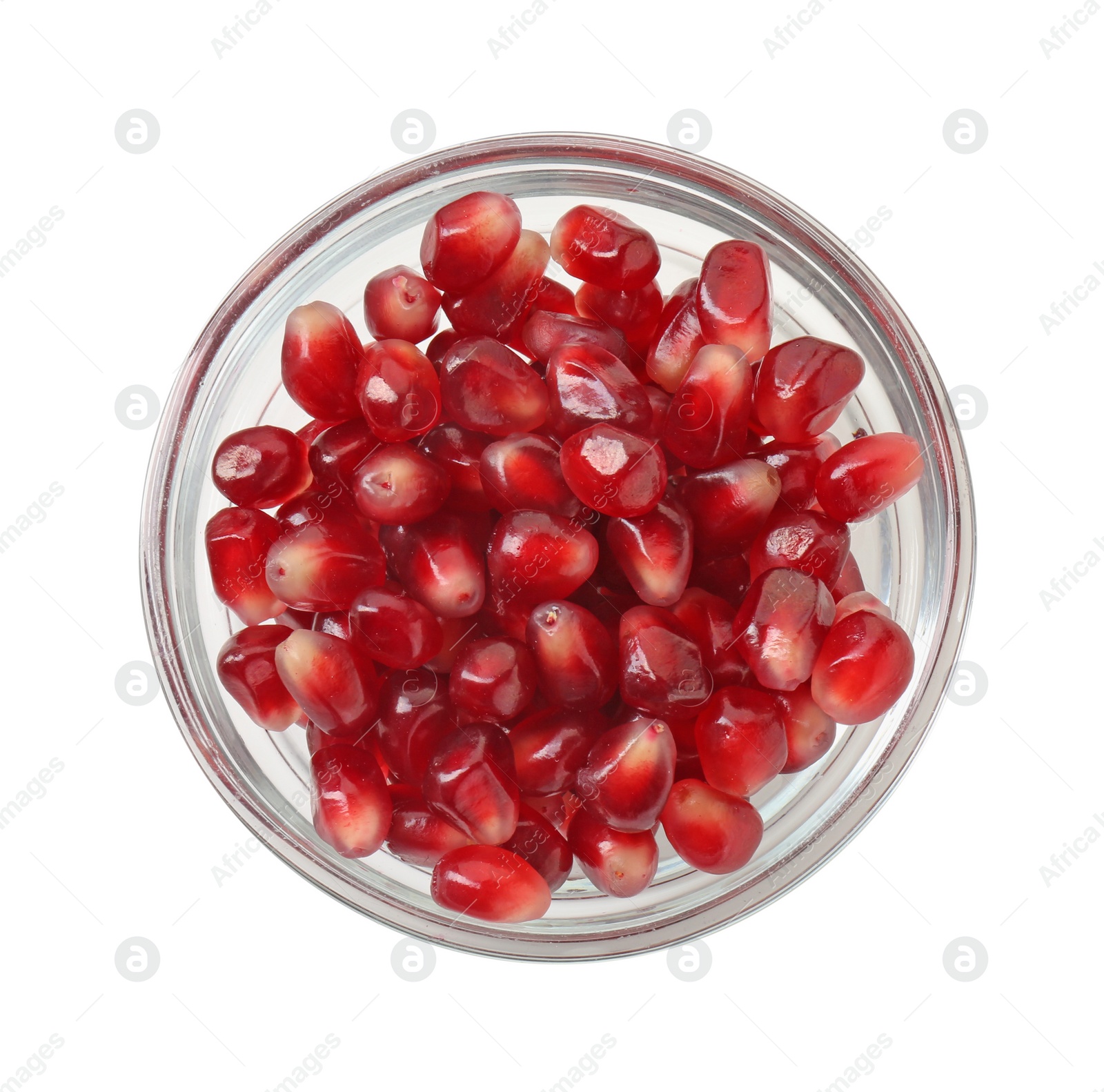 Photo of Ripe juicy pomegranate grains in bowl isolated on white, top view