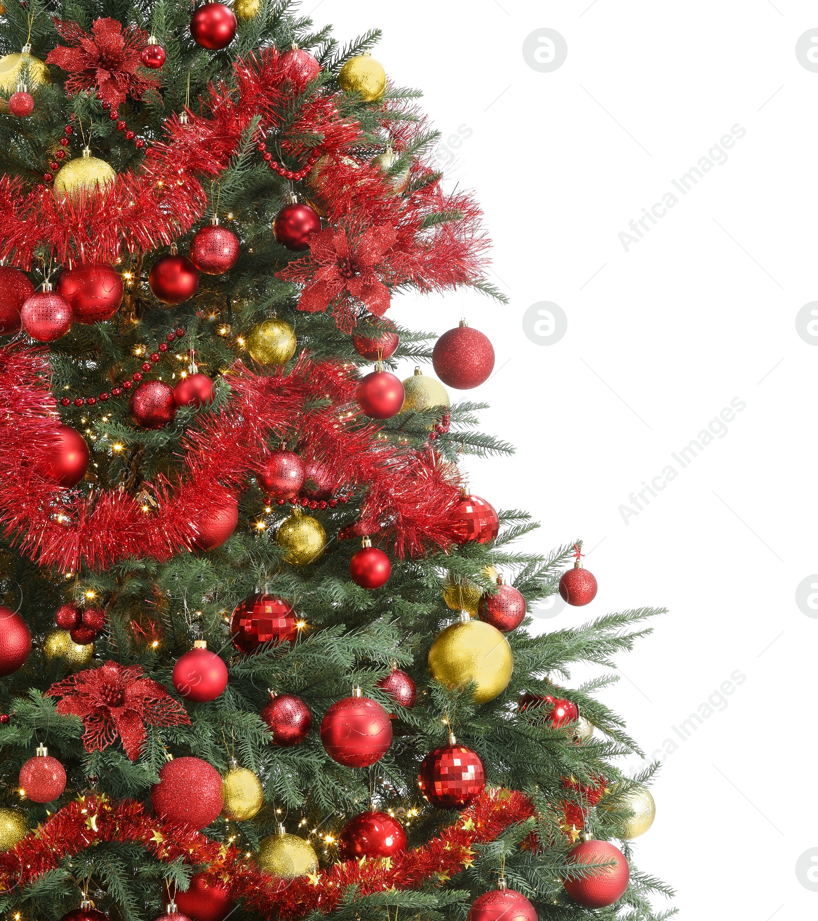 Photo of Beautiful Christmas tree decorated with ornaments and garland isolated on white