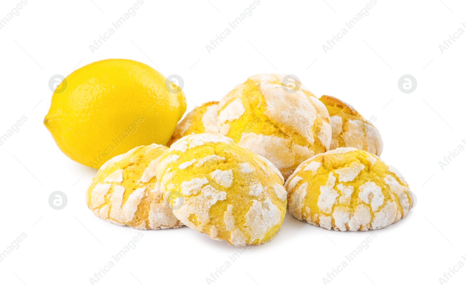 Photo of Tasty homemade lemon cookies and fresh fruit on white background