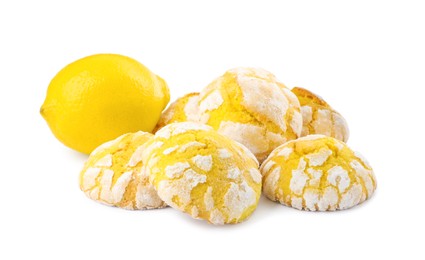 Photo of Tasty homemade lemon cookies and fresh fruit on white background