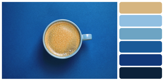 Image of Black coffee on bright background, top view. Color of the year 2020 (Classic blue)