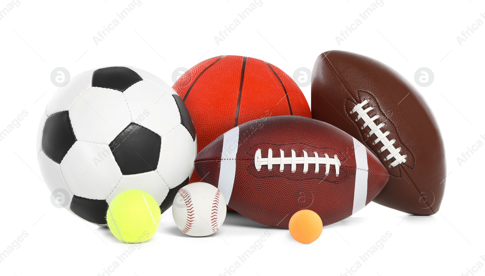 Image of Group of different sport balls on white background