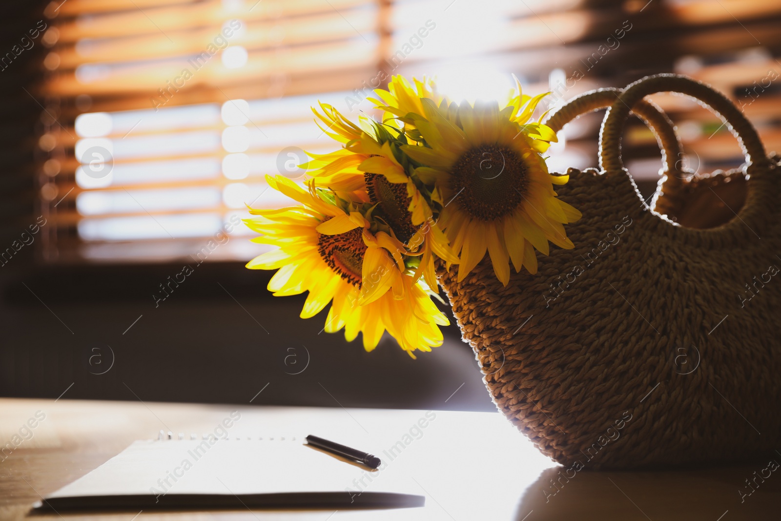 Photo of Bouquet of beautiful sunflowers, notebook and pencil on table indoors. Space for text