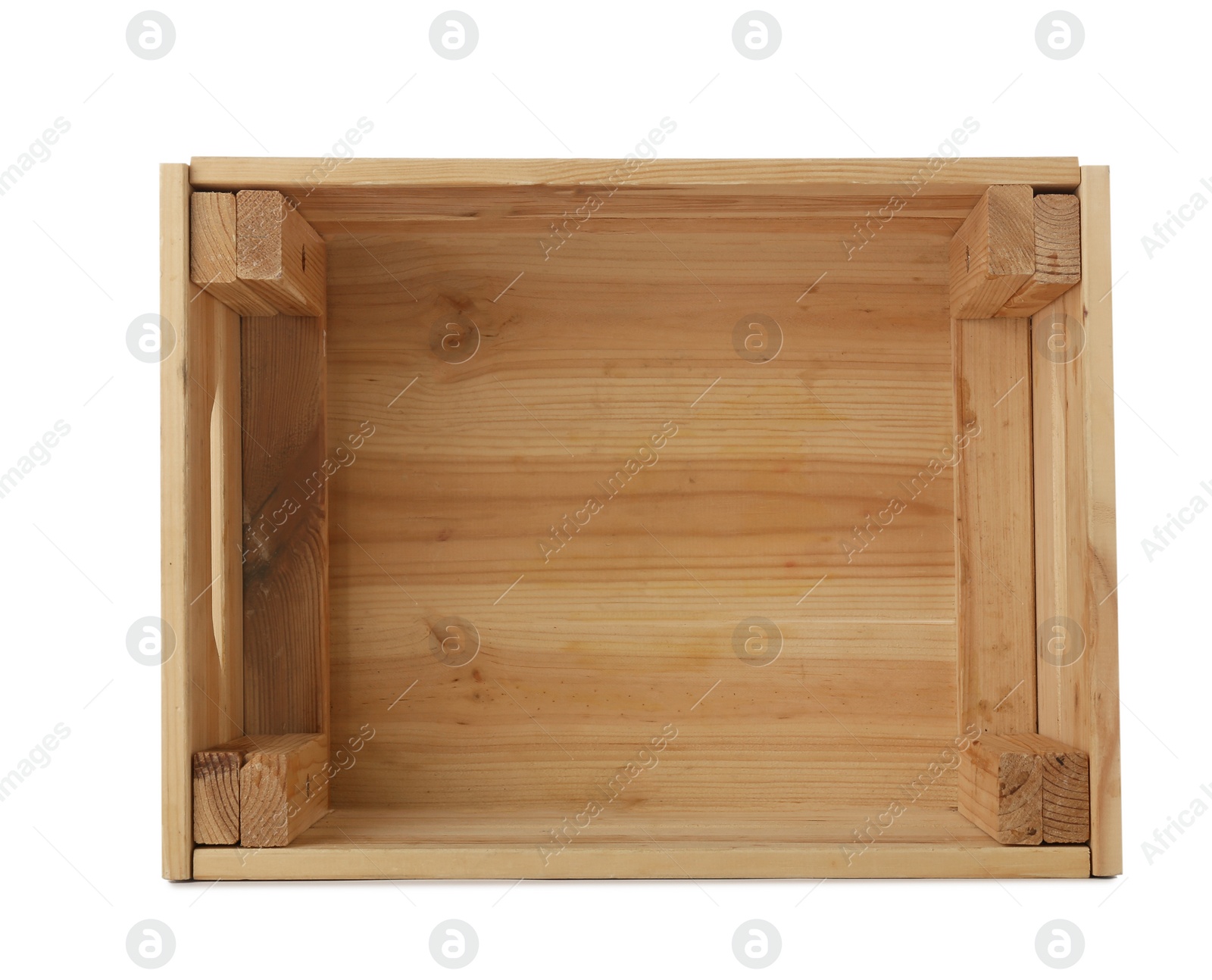 Photo of Empty wooden crate on white background, top view