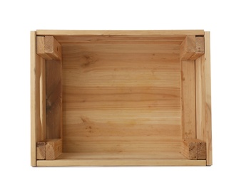 Photo of Empty wooden crate on white background, top view