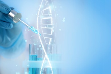 Image of Double exposure with photo of scientist working with sample and structure of DNA on light blue background