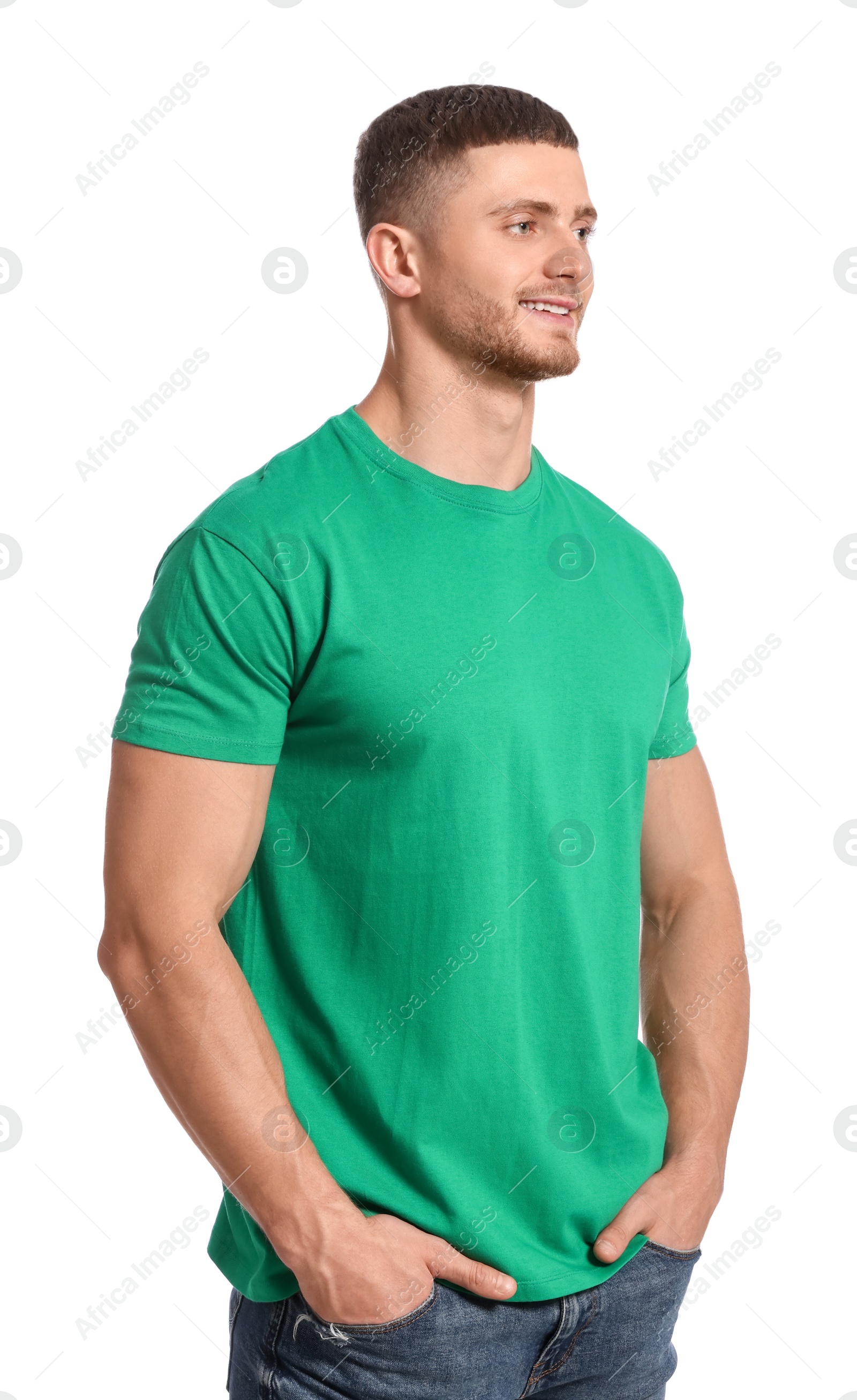 Photo of Man wearing green t-shirt on white background. Mockup for design