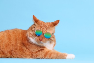 Cute ginger cat in stylish sunglasses on light blue background. Space for text