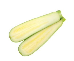 Photo of Halves of ripe zucchini on white background, top view
