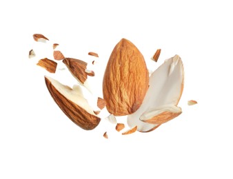 Pieces of tasty almonds falling on white background