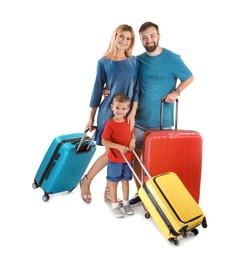 Family with suitcases on white background. Vacation travel