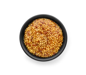 Photo of Fresh whole grain mustard in bowl isolated on white, top view