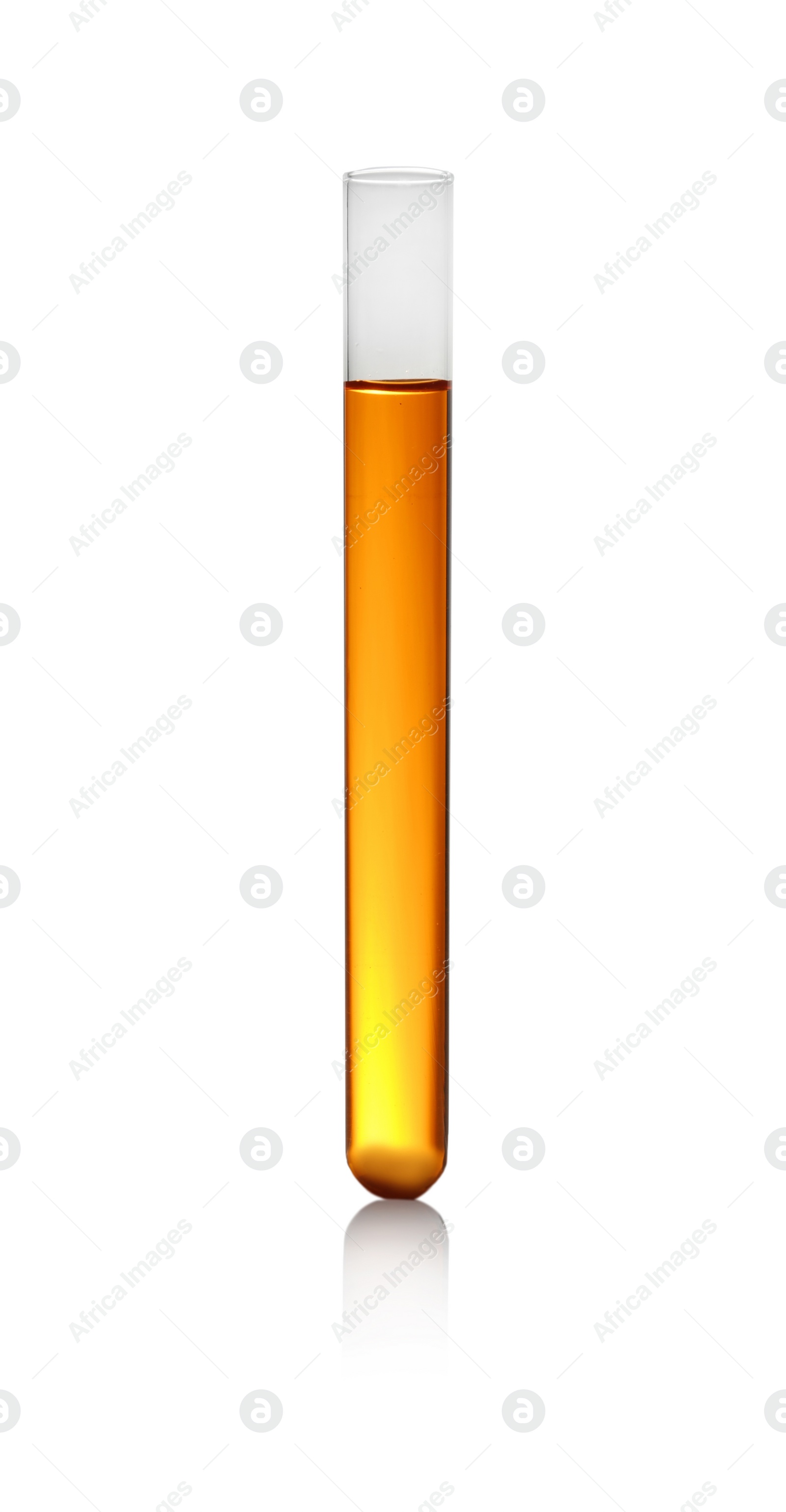 Photo of Test tube of color liquid isolated on white. Solution chemistry