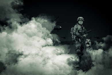 Image of Armed soldier with dog in smoke on battlefield