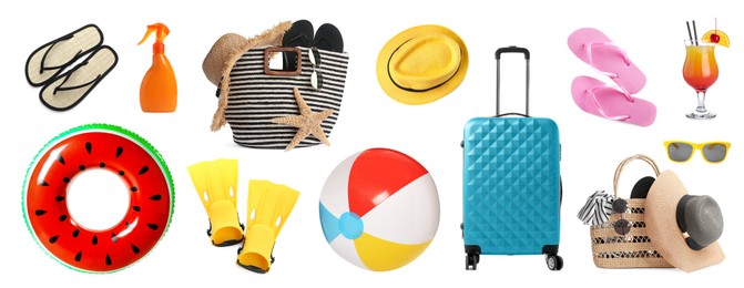Image of Set with beach ball and other accessories on white background. Banner design