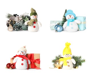 Set with cute small snowman toys on white background