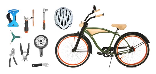Image of Modern bicycle, its details and tools for repair on white background, collage. Banner design