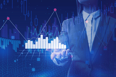 Image of Forex trading. Double exposure of woman and charts