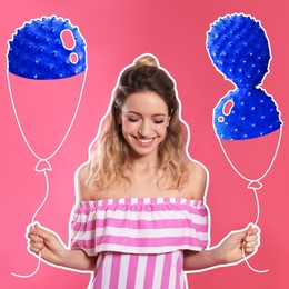 Image of Stylish artwork. Woman holding cactuses as balloons on pink background