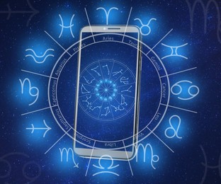 Image of Multiple exposure of modern smartphone, night sky and zodiac wheel. Horoscope online