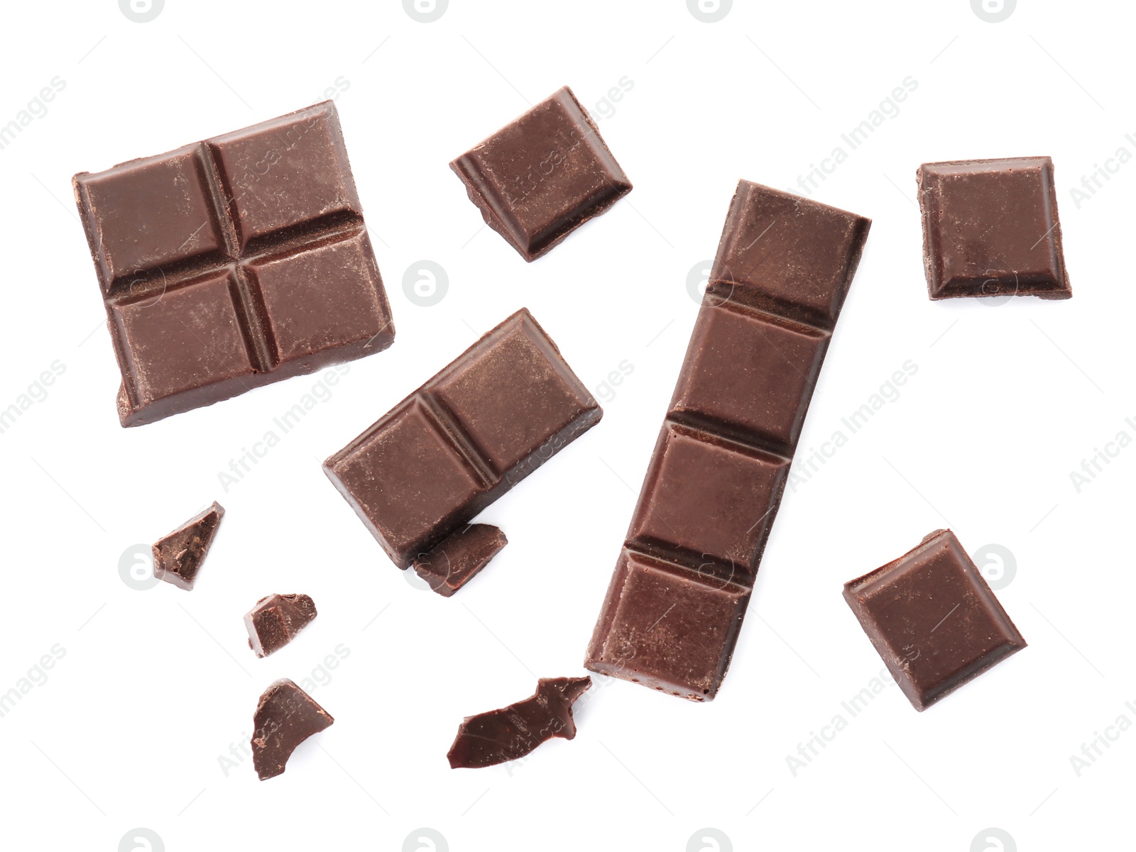 Photo of Delicious black chocolate on white background, top view